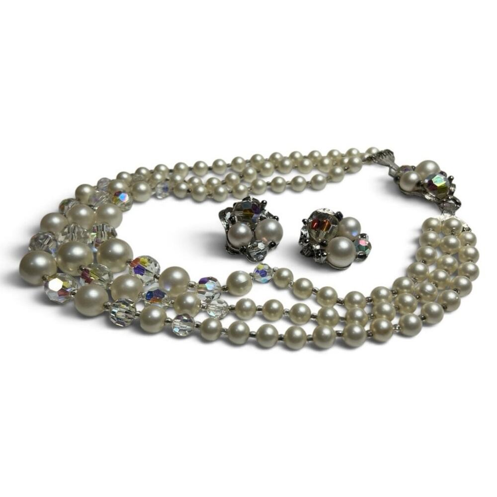 Vintage Judy Lee Faux Pearl & AB Crystal Multi Strand Necklace Earring Set